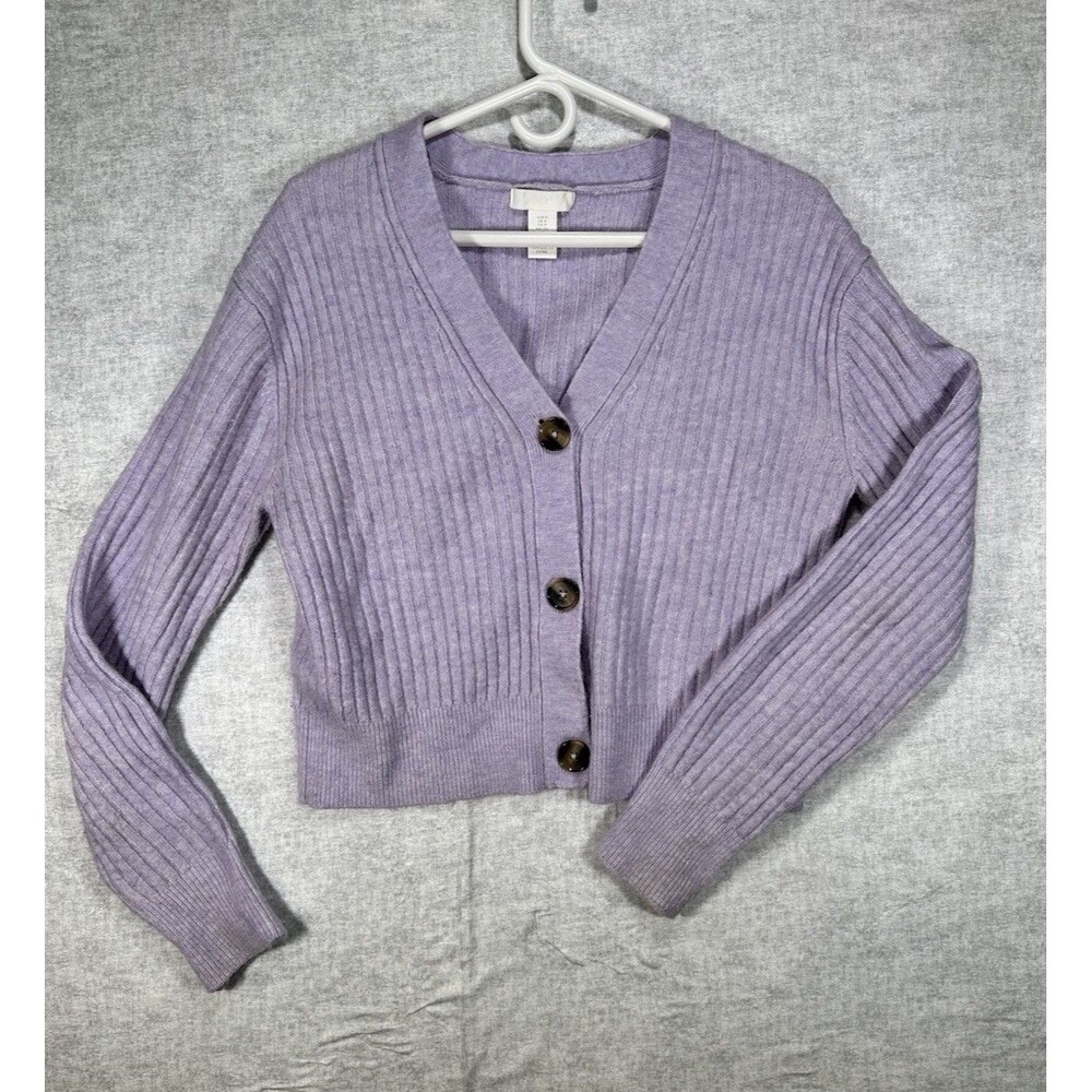 H&M Womens Cardigan Sweater sz S Purple Slouch Three Button Crop
